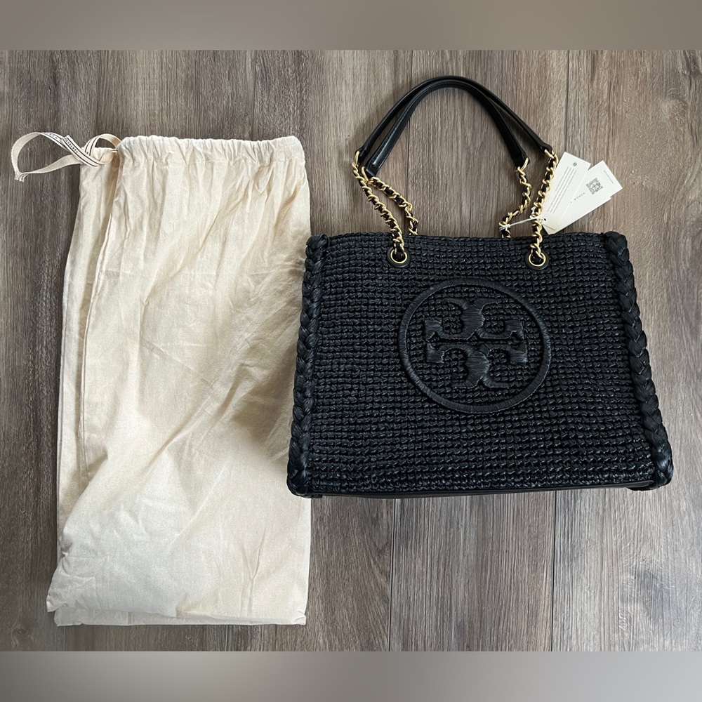 BNWT HP🌹 Tory Burch Black Woven Tote with TB Dust Bag - Picture 3 of 8